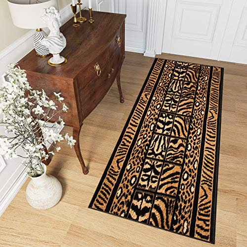TAPISO Atlas Teppich Läufer Meterware Flur Kurzflor Küche Wohnzimmer Streifen Linien Tiermotiv Tiger Leopard Schwarz Gelb ÖKOTEX 70 x 140 cm