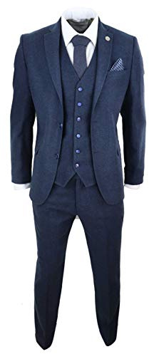 Mens Wool Tweed Suit 3 Piece Authentic 1920s Tailored Fit Classic Navy