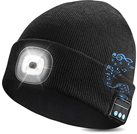 WEITOO Unisex Bluetooth Beanie Cap Light, Upgraded Musical Knitted Cap with Headphone and Built-in Stereo Speakers & Mic, Gifts for Men Women Dad Black