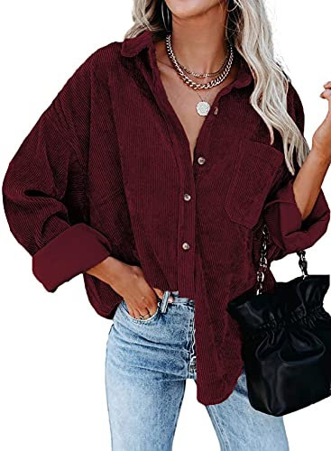 Necooer Women's Long Sleeve Shirts V-Neck Roll Up Pockets Corduroy Shirts Casual Boyfriend Button Down Petite Blouses Red
