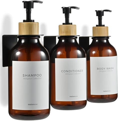 MaisoNovo Shampoo and Conditioner Dispenser|Refillable Amber Bamboo 3-Pack