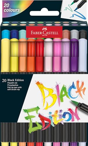 Faber-Castell 116452 - Set di penne a punta di feltro Black Edition 20 pezzi, con punta a pennello, per bambini e adulti
