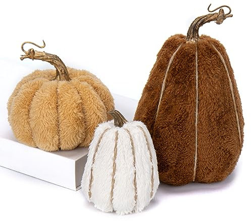 Oairse 3 zucche artificiali in finto sherpa, dimensioni assortite, zucche in peluche, zucche in finto velluto, decorazione da tavolo, centrotavola per autunno, festival, Ringraziamento, feste di