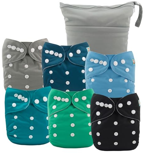 ALVABABY 6NKZ02 - Set di 6 coperture per pannolini in tessuto e 1 borsa bagnata asciutta, lavabili e riutilizzabili, con borsa multifunzione, inserti per pannolini piatti o aderenti, 6NKZ02