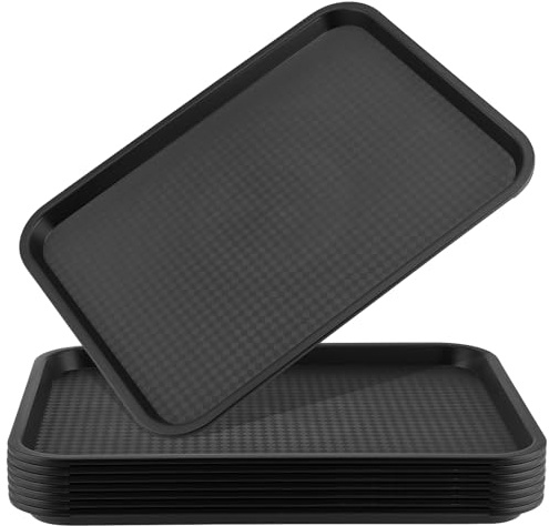 JAPCHET 8 PCS 41.5 x 30.5cm Black Fast Food Tray, 16 x 12 Inch Plastic Lunch Food Service Tray, Rectangular Cafeteria Restaurant Serving Trays for Kitchen