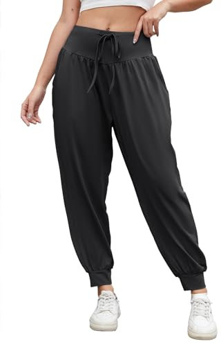 BATHRINS Yogahose Damen Lang Haremshose High Waist Jogginghose Sporthose Weite Freizeithose Elegant Leichte Pilates Hosen Pumphose mit Taschen Kordelzug（Schwarz,XXL）