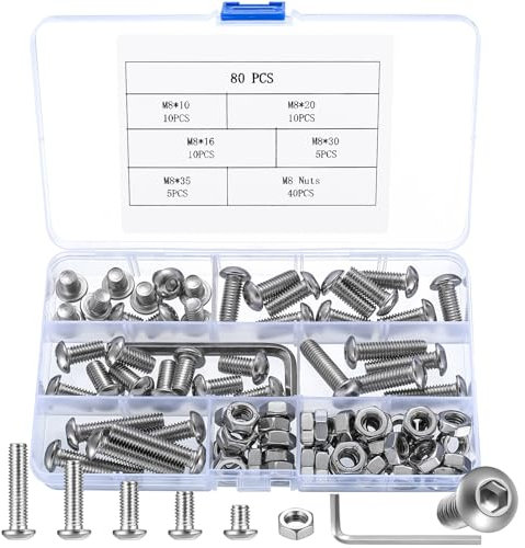 80 Stück m8 Schrauben Set, Linsenkopf Sechskantschrauben Muttern Set, Innensechskant Schrauben mit Muttern Set, Rundkopf Gewindeschrauben Set, Edelstahl Maschinenschrauben Sortiment Set