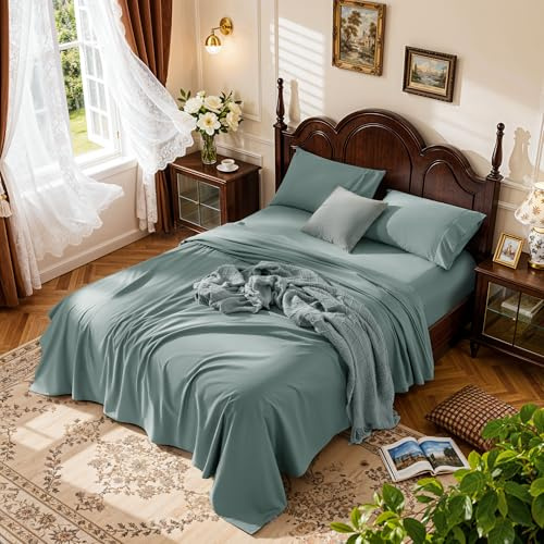 LBRO2M 1000 Thread Count 100% Egyptian Cotton Sheets Set King, 4 Piece Sets Bed Sheet Deep Pocket Sheet Set 16 Soft Comfortable All Season (King, Sage Green)