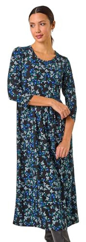 Roman Originals Midi Dress with Pockets for Women UK Ladies Stretchy Jersey Maxi Long 3/4 Length Sleeve Gathered High Waist Boho Flattering Skater Swing Fit Flare - Blue Noir - Size 16