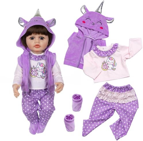 4 Stück Puppenkleidung für 43-55 CM Babypuppen, Cartoon Niedlich Kleidung Outfits für Reborn Baby, Weste mit Kapuze + Spitzenhose + lange Ärmel mit Tiermuster + Schuhe Puppe Zubehör für Kinder