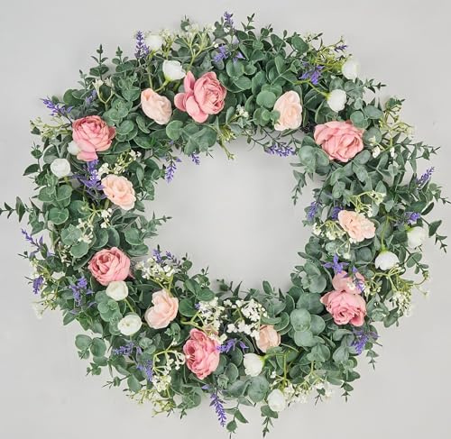 Avoeco Artificial Wreath for Front Door Decor- Year-Round Greenery, 21 Eucalyptus Spring & Summer Decorative Wreath with Flowers, Perfect for Farmhouse, Weddings & Seasonal Décor (B Rose)