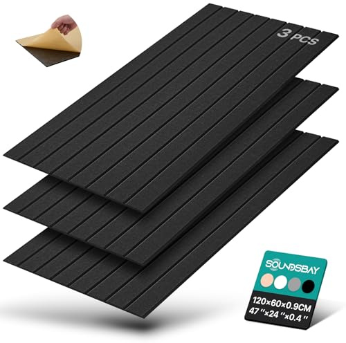 Soundsbay Akustiska paneler, självhäftande, 2,16 m²–3 stycken, 120 × 60 × 0,9 cm, akustiska plattor, väggpaneler för akustisk behandling och väggdekoration (svart)