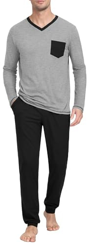 Terecey Pijama Hombre Largo Conjunto de Pijama de Manga Larga Ropa de Dormir Hombre Cuello en V Suave Cálido y Ligero para Otoño Invierno