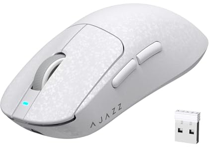 AJAZZ AJ199 Ratón Gaming de Fibra de Carbono, Wireless 2.4G/BT/USB-C Trimodo, Ultraligero 55g, Sensor óptico PixArt PAW3311 con 24000 dpi y Sondeo de 1000, Mice Gamer Oficina, PC/Mac - Blanco