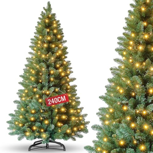 Sapin de Noël Artificiel，PVC Sapin de Noël avec Lumières LED,Arbre de Noël Artificiel avec Support Métallique，Système de Pliage,Difficilement Inflammable,Décoration de Noël，240 cm