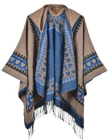 KBOPLEMQ Poncho tricoté pour femme - Poncho coloré avec impression nationale et pompons en tricot à franges - Cape avec manches - Ouvert sur le devant - Style bohème - Cardigan rétro ethnique