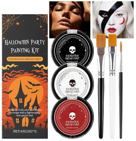 Face Paint Kit - 3 Color Face Painting Palette With 3 Brushes, Washable FacePaints Safe Body PaintFor Adults Kids Halloween Party Carnival, Makeup Paint NonToxic To Use(Black White Red)