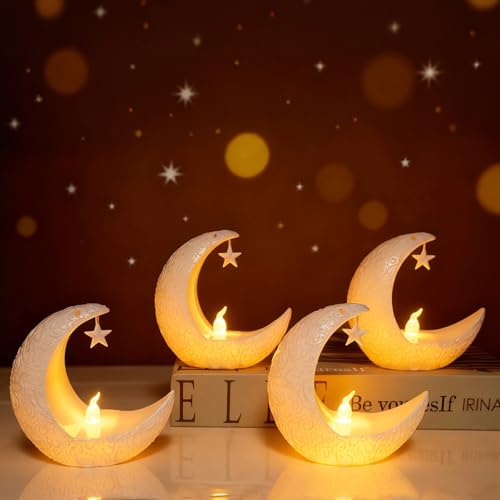 4PCS Mini Ramadan Lanterns Eid Home Decor Ramadan Lantern with LED Decorative Lights White Moon Star Mini Lights Table Decoration for Eid Mubarak