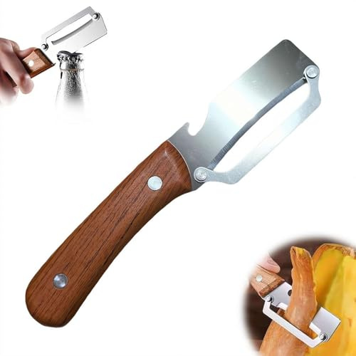 Upgraded Vegetable Peeler with Wooden Handle and Bottle Opener Stainless Steel Blade Kitchen Tool for Fruit Apple Potato Pumpkin Papaya Zucchini,1PCS