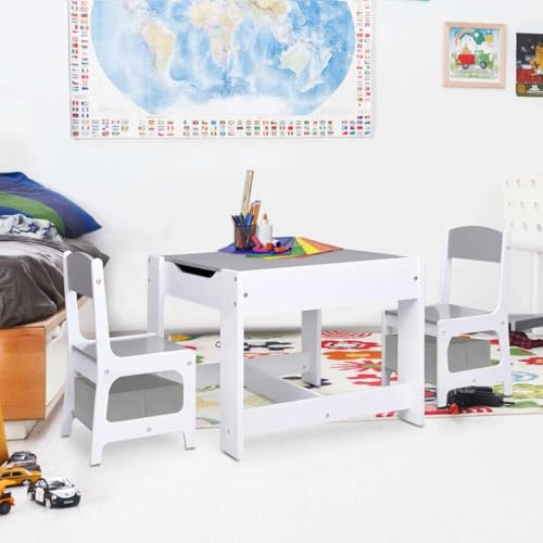 Mangloder Barnbord med 2 stolar, vit av MDF, barnstolsgrupp för barnrum och babyrum, möbelset, komplett sats för spel, hantverk, läsning, förvaring och förvaringsutrymme
