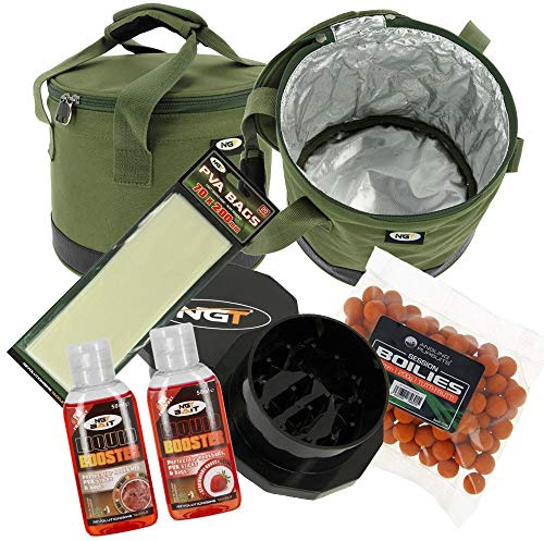 NGT Insulated Bait Bin Boilies with Crusher Liquids and PVA Bag Carp Fishing Set