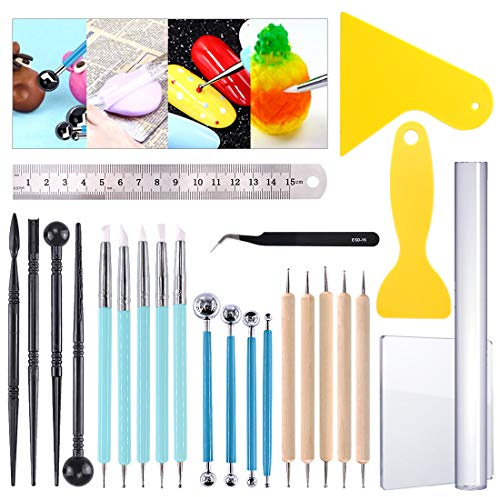 Glarks Set di 24 strumenti per scolpire l'argilla da modellare, tra cui uno stilo a sfera, uno strumento per punteggiare lo stilo a sfera, colorazione, pittura per unghie