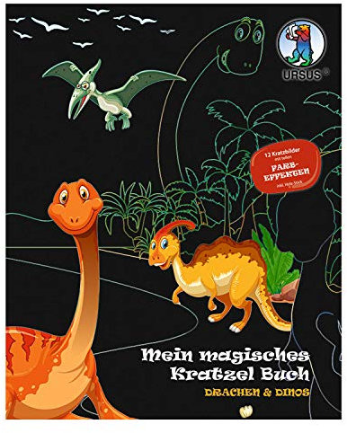 Ursus 24530002F - Mein magisches Kratzelbuch Drachen & Dinos, Kratzbildern, ca. 21 x 26 cm groß, mit tollen Farbeffekten und 12 Mandalas zum Ausmalen, inklusive Holz-Stick, bunt