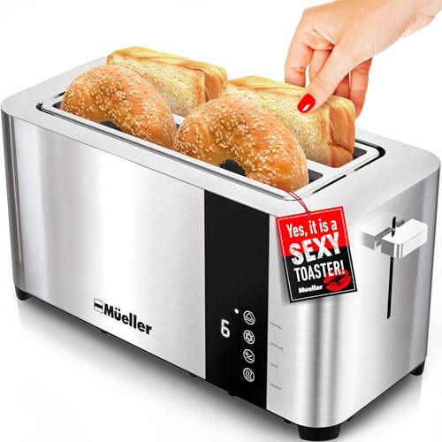 Mueller UltraToast Stainless Steel Toaster 4 Slice – Extra-Wide 1.6 Slots for Artisan Bread, Bagels & Frozen Waffles, 6 Browning Levels, LED Display, Cancel/Defrost/Reheat, Removable Crumb Tray