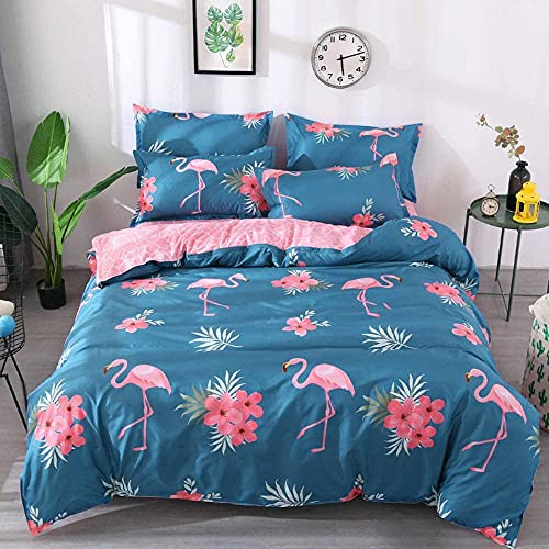 Loussiesd Flamingo Duvet Cover Tropical Animal Bedding Set Blue Pink Floral Comforter Cover for Girls Children Women Bedroom Decor Girly Flowers Bedspread Cover King Size with 2 Pillow Case