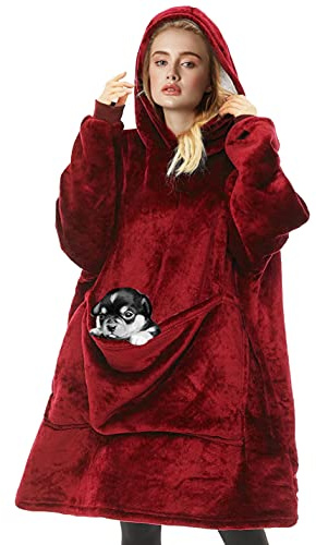 CheChury Sherpa Robe Couverture Chaud Sweat à Capuche Hiver Oversize Réversible Veste à Capuche Flannel Confortable avec Pets Poches Frontale Adulte Grande Hoodie Épaisse Polaire Unisex,Vin,One Size