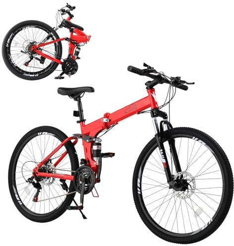Ktaxon Folding Mountain Bike 21-Speed Adult Bikes 26/27.5 Inch Bike with High Carbon Steel Frame, Double-Kill Disc Brake System, Thickened Shock-Absorbing Front Fork (26 Red)