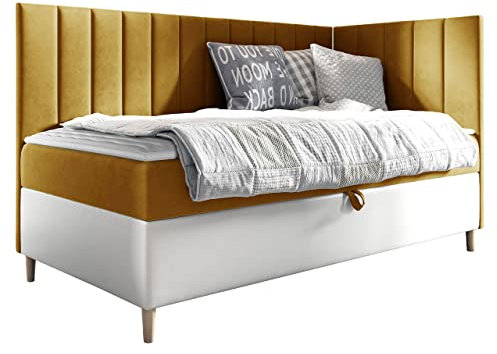 Mirjan24 Boxspringbett Junior Chapeni III mit Bettkasten Holzfüße Continentalbett Polsterbett Bonell-Matratze Topper Amerikanisches Bett (Soft 017 + Fresh 37, 100 x 200 cm, Seite: Rechts)