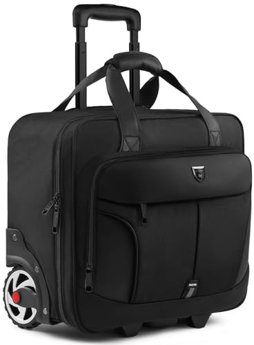 RUCYEN Rolling laptopväska, rullande plånbok för män och kvinnor, laptop plånbok på hjul, bära på väska för affärsresor, Svart + svart dragkedja, 17.3 inch, Arbete
