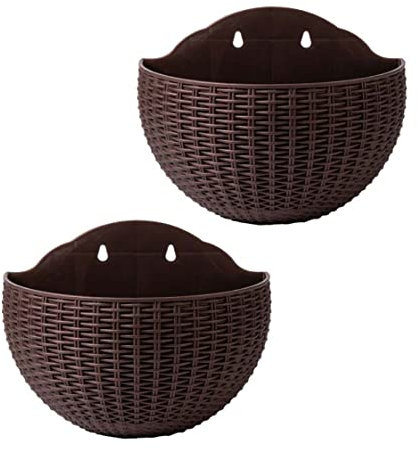 Yililay 2pcs Wand hängende Pflanzer hängende Blumentöpfe Halbkreis Plastikpflanzenkörbe Behälter Blütentopf mit Entwässerung und Haken für Zaun klein, Kaffee