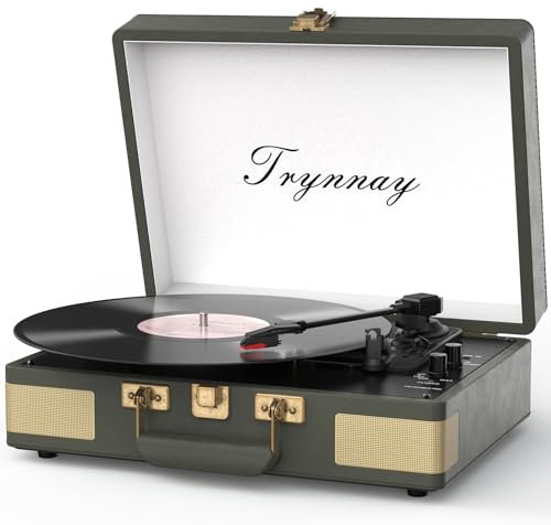 Trynnay Record Player 3 Speed Bluetooth Portable Suitcase Vinyl Player with Built-in Speakers Turntable Enhanced Audio Sound Waxed Leather Vintage Grey