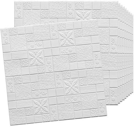 HAILM 10 Stücke 3D Strukturierte Tapete Selbstklebend, 3D Wandpaneele XPE Schaum, Wandaufkleber Peel und Stick Brick, Wasserdicht und DIY Einfach Schneiden,Weiß