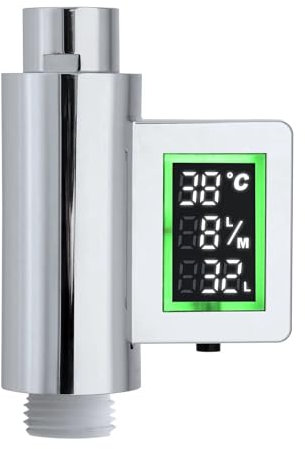 Shower Water Monitor & Digital Timer – Flow Meter, Temperature Sensor, LED Alerts, Self-Powered Water Saving Device for Bathroom, Homes, Caravans & Rentals – LOWENERGIE