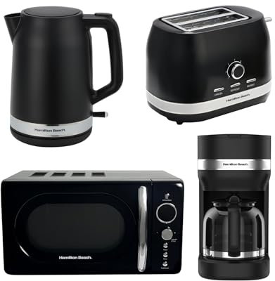 Hamilton Beach Kitchen Set, Kettle and Toaster Set, Ella, 1.7L Electric Kettle, 2 Slice Toaster, Microwave, 20L Retro, Filter Coffee Machine, 1.5L, Black - ELLACBB