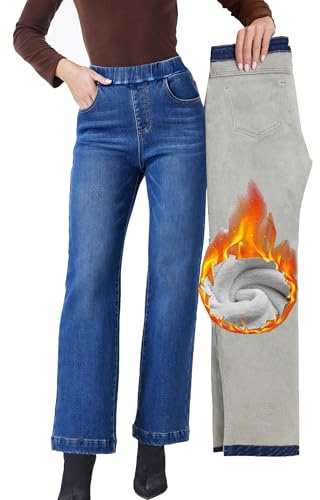 Fakanhui - Jeans de mujer de pierna ancha con forro polar, con forro térmico de franela para invierno, sueltos, de tiro alto, XXL