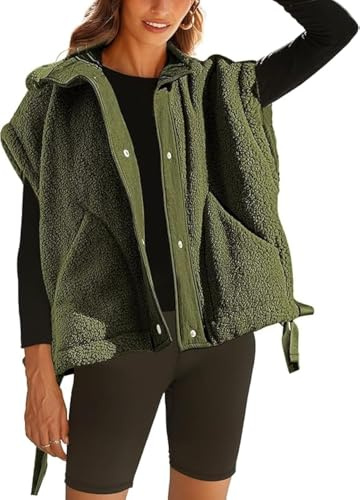 Nicfazy Fleece Vest for Women Sleeveless Button Up Fuzzy Sherpa Jacket Casual Warm Waistcoat Vest with Pockets, Green, M