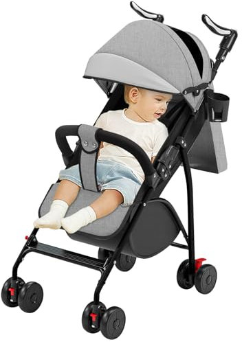 Willonin Kompakter Buggy, Liegeposition, Neugeborenes bis 4 Jahre (bis 25 kg), Sitzend oder Liegend, Verstellbarer Griff, 4-Räder Kinderwagen mit Baumwollmatte + Moskitonetz (Grau)