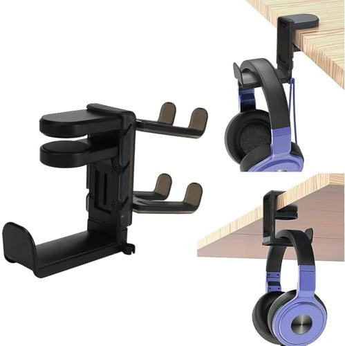 Minnhua Soporte Auriculares Gaming Soporte para Cascos con 2 Ganchos giratoria de 360° Soporte para Cascos Debajo Escritorio Soporte para auriculares con Abrazadera Ajustable Clip para Cable (negra)