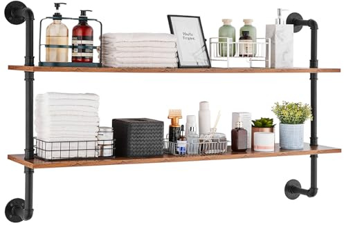 VEVOR Industrielles Rohrregal, 2 Ebenen, 122x25cm, schwebende rustikale Holzregale zur Wandmontage, Halterung, Lagerregal, Kleinteilehalter für Küche, Schlafzimmer, Badezimmer, Wohnzimmer, schwarz