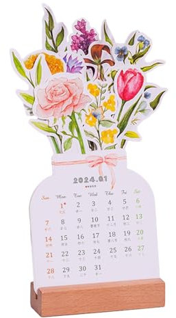 Bloomy Flowers Tischkalender – Desktop-Blumenkalender | 2024 kreativer Blumen-Tischkalender | Blumenvasenkalender für den Schreibtisch | Blumen-Desktop-Kalender mit Holzsockel | abnehmbare Vase in
