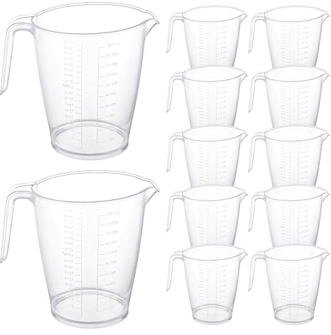 GBACHOOSE 12 Pcs Plastic Measuring Jugs, 1 Litre Plastic Jug with Measuring Scale, Clear Plastics Measuring Cup with Handle for Cooking and Baking