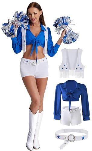 Maxim Party Supplies Texas Cowgirl Cheerleader Kostüm Blauer Stern 4-teiliges Set Damen Outfit mit Weste, Top, Shorts und Gürtel, blau/weiß, XL