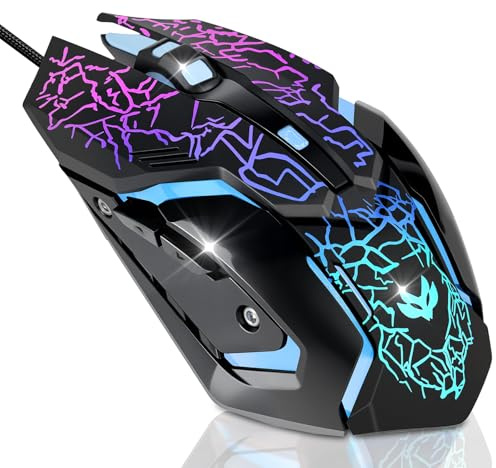 LuLabboard Gaming Mouse, 4 DPI Settings Up to 3600 DPI, Light Up RGB Ergonomic Optical Gaming Mice for Laptop/mac, Computer Wired USB Mouse, 7 Colors LED Backlight, 6 Programmable Buttons-Black