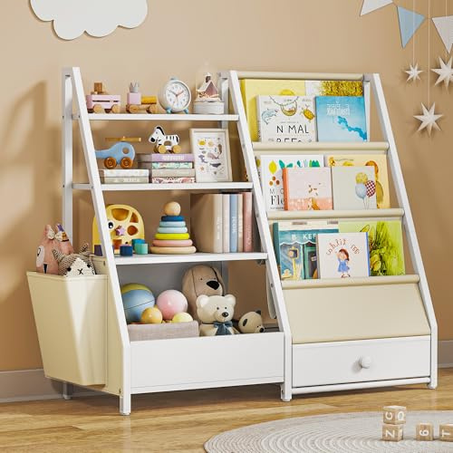 Suuiwau Kids Bookshelf With Toy Storage Unit,Childrens Bookcase with 3 Sling & 3 Tier,Toddler Bookshelf Kids Bookcase for Nursery, Bedroom, Playroom, Nursery, Storage Organizer