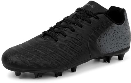 FEETHING Women Soccer Cleats Firm Ground Lace-Up Youth Soccer Shoes Light-Weight Outdoor Training Football Sneakers Big Kid,BlackGrey,9