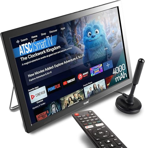 Rywob 15.6 Small Smart TV,Built-in Digital Tuner,4000mAh Rechargeable Battery TV, HDMI/SD Card/USB/AV Input,LCD Screen with Stand for Car,RV,Camping